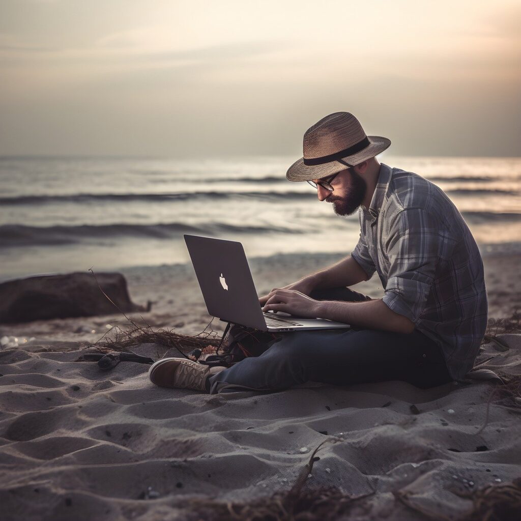 Digital nomad sitting at beach with laptop and works