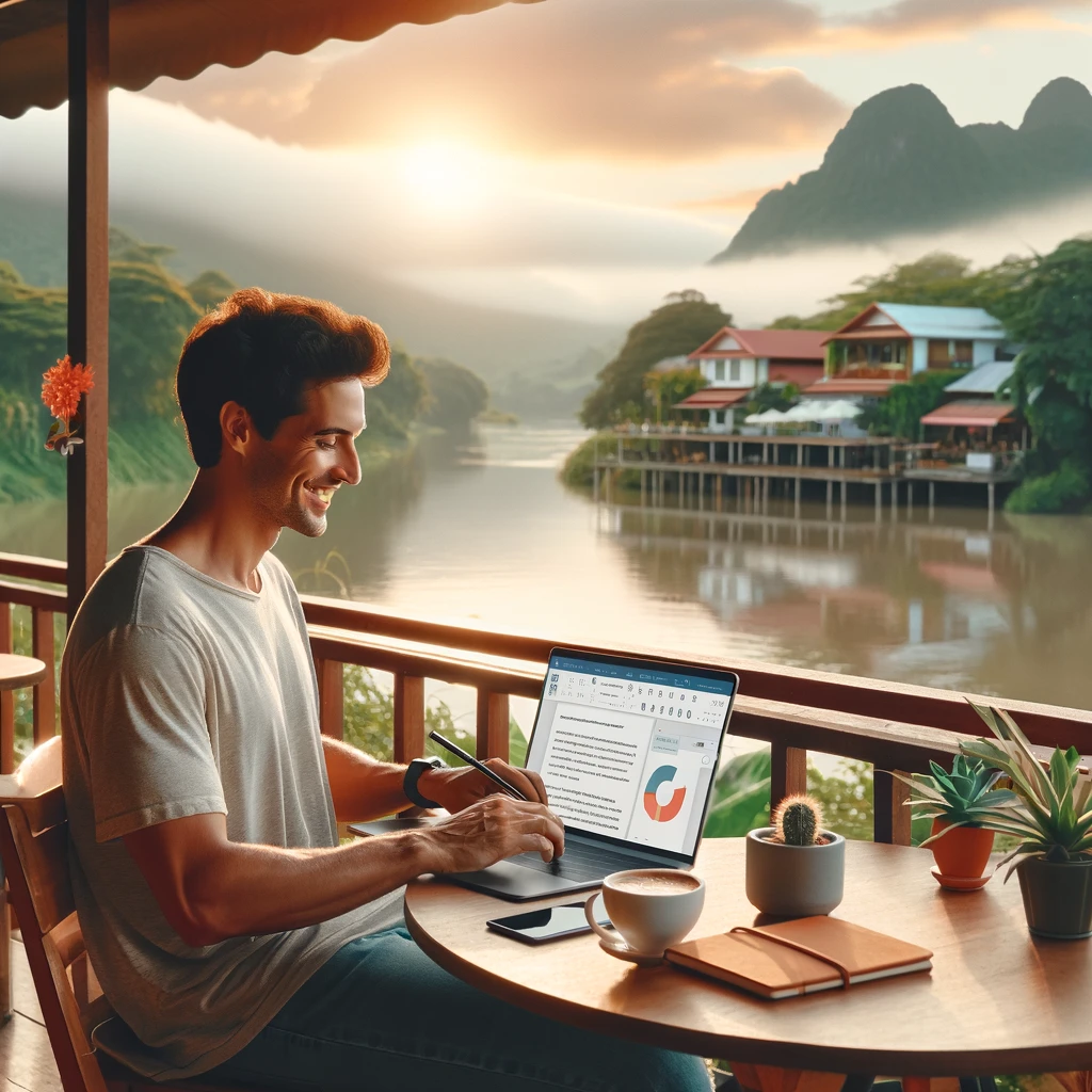 digital nomad working next to the water from laptop with coffee and notice book