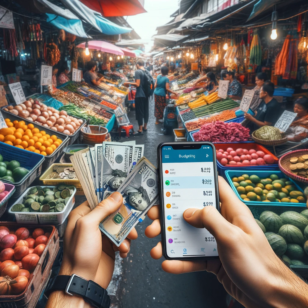 Digital nomad budgeting with money at a market