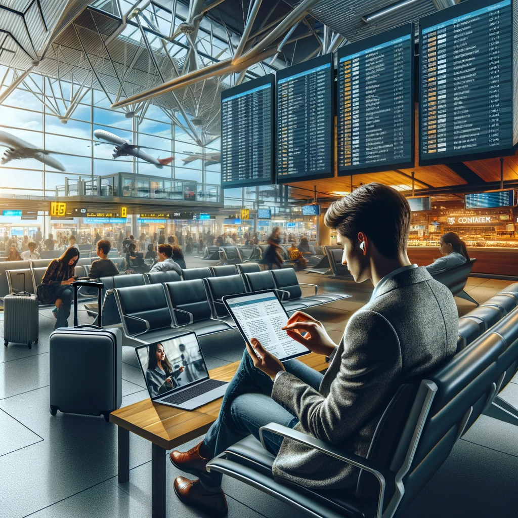 Traveler multitasking in airport lounge, engaging in a video call on a tablet and checking emails on a laptop, surrounded by other passengers and flight information screens, highlighting a busy yet connected travel lifestyle.